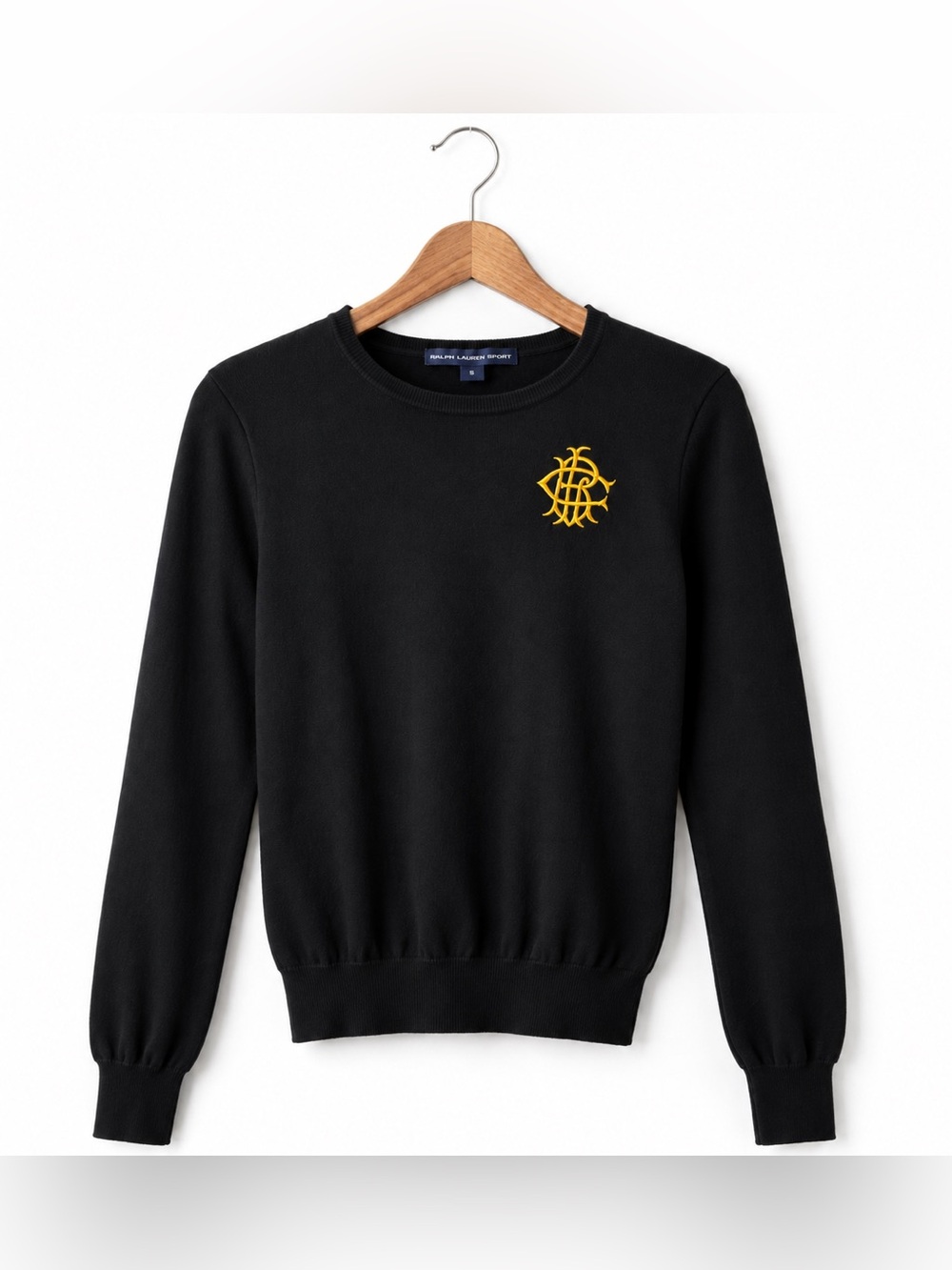 Ralph Lauren Sport Black Crewneck Sweater Small Yellow Crest Logo Classic Preppy